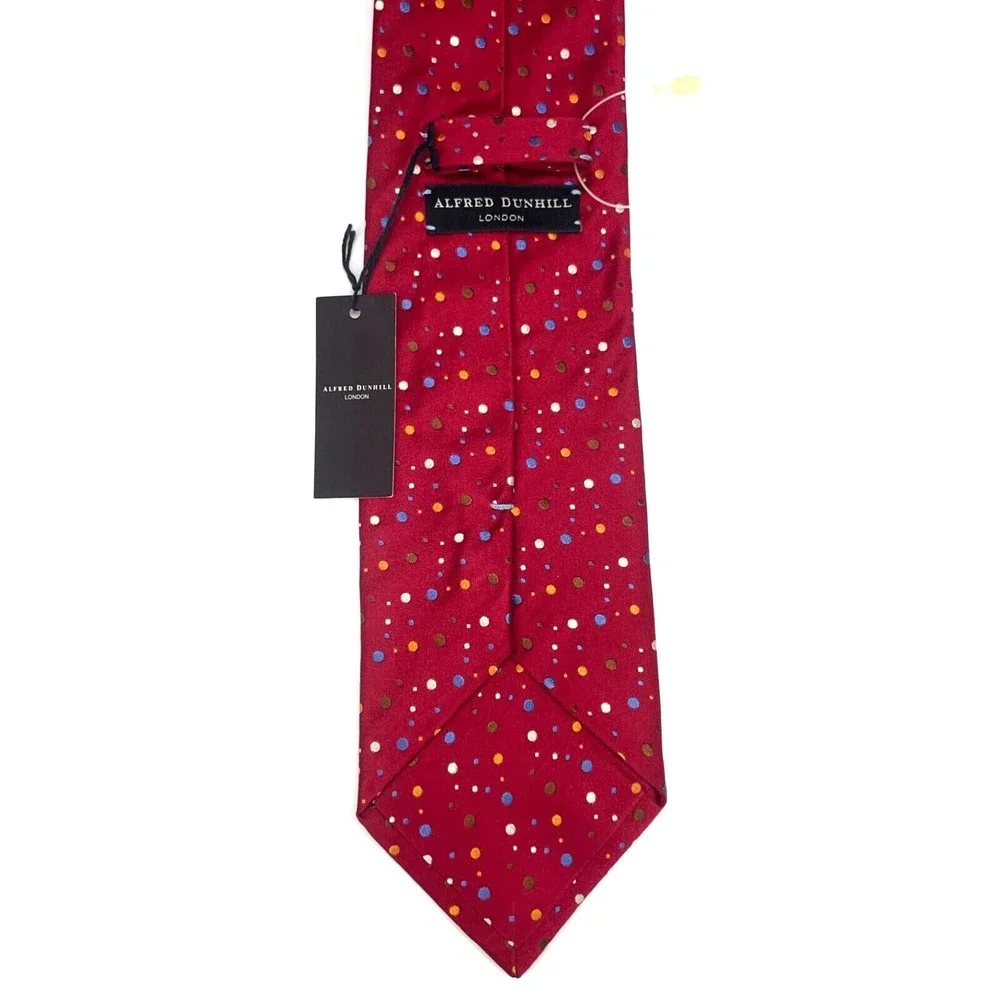 Alfred Dunhill Red Woven Hand Made Multicolor Dots All Silk Necktie Italy $245